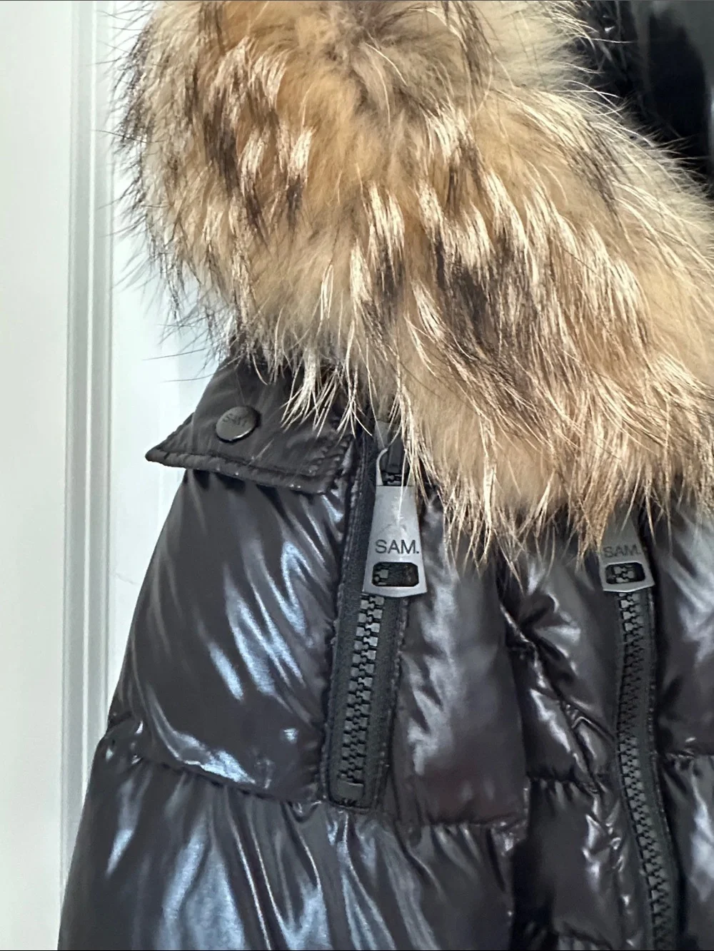 SAM New York Fox Fur-Trim Belted Down Puffer Jacket (Mid-length)